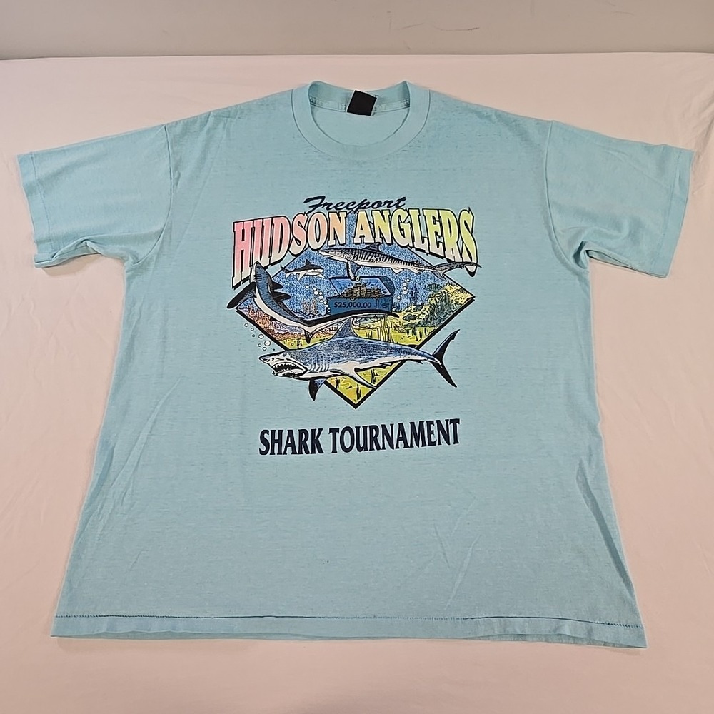 Vintage Freeport Hudson Anglers Shark Tournament Tshirt Sz XL Blue Single Stitch